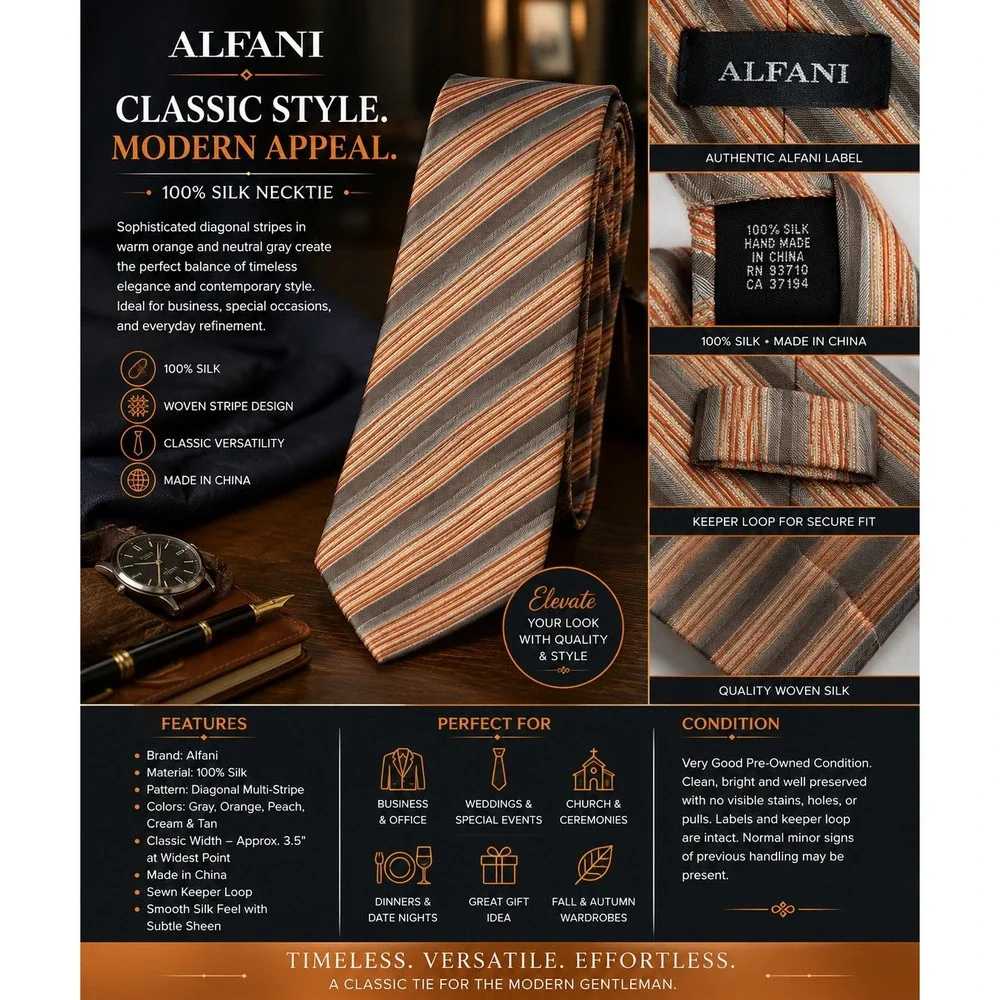 Alfani Men's Silk Necktie Gray Orange Peach Diagonal Stripe Classic Dress Tie